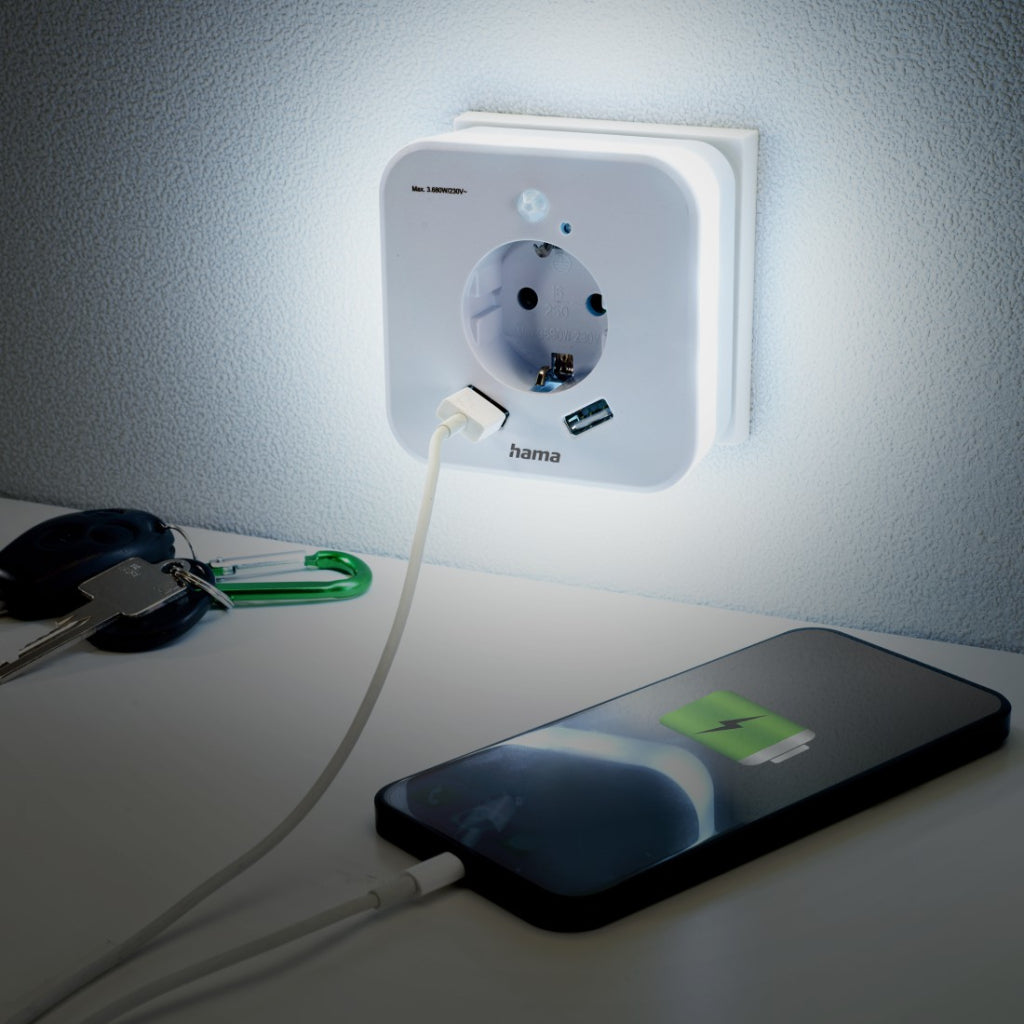 Hama Led-Nachtlampje Met Stopcontact 2 Usb-Uitgangen Bewegings- En Lichtsensor