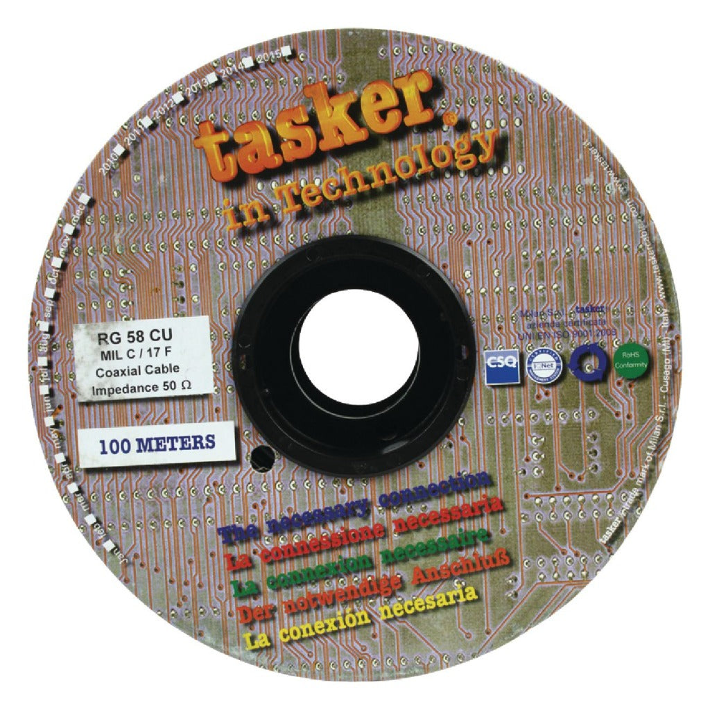 Tasker Tasr-Rg58Cu Coaxkabel Op Haspel Rg58 5.0 Mm 100 M Zwart