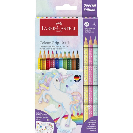 Faber Castell Fc-201542 Colour Grip Kleurpotloden 10 Stuks + 3 Sparkle Pastel Kleurpotloden En Unicorn Stickers