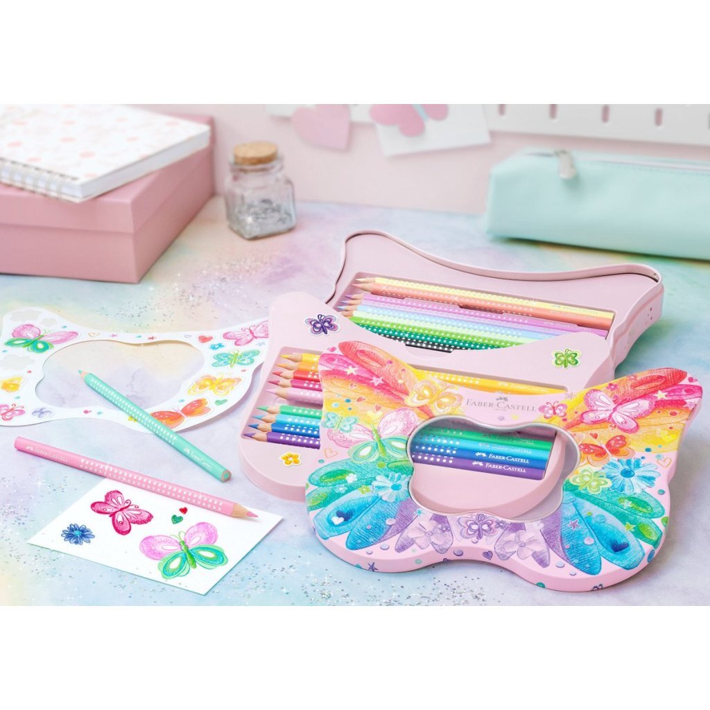 Faber Castell Fc-201971 Kleurpotloden Sparkle In Vlinder Bewaarblik 12 Standaard Kleuren + 8 Pastel Kleuren + Stickers